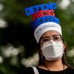 A woman wears a hat with the text “Defend Press Freedom” during a protest commemorating the 50th anniversary of Martial Law, Quezon City, Metro Manila, Philippines, 21 September 2022 (Photo: Reuters/Lisa Marie David)